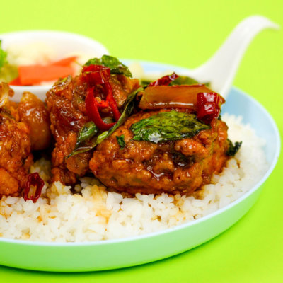 Image of delicious Signature Taiwan 3 Cup Chicken served with rice and freshly-cooked vegetables